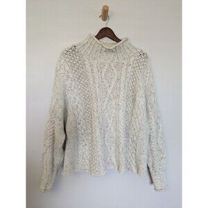 Vtg Express Tricot Handknit Cream Sweater Angora Wool Chunky Fisherman Medium